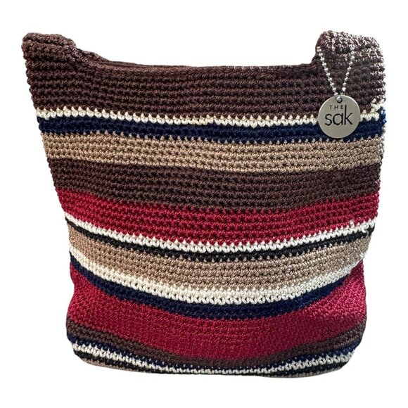 THE SAK Striped Crochet Shoulder Bag In Brown Navy Red Striped Ball Chain Charm - Picture 1 of 12